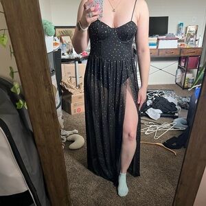 SHEIN Black Sheer Maxi Dress with Iridescent Rhinestones